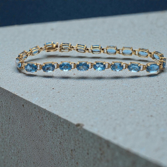 Vintage 14K Gold Blue Topaz Tennis Bracelet ADPC Signed 9.79g Solid Gold Estate - Picture 5 of 12